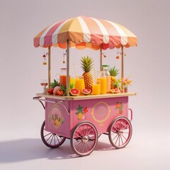 Pink Vintage Juice Cart with Fresh Fruit Drinks Summer Refreshment Stand