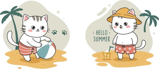 Cute cartoon cat wearing summer clothes playing on beach with palm trees and beach ball vector illustration 