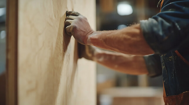 Carpenter Sanding Wood in Workshop