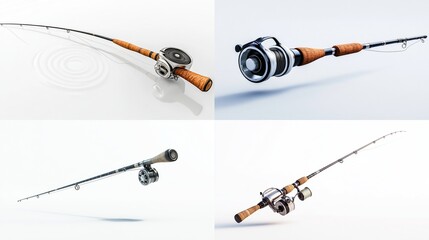 Four fishing rods with reels, various angles, against a white background