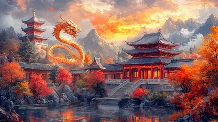 Obraz premium Golden dragon guards ancient Asian temple in autumnal landscape