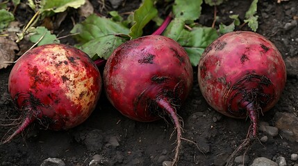 Freshly harvested red beets on the ground in the garden.