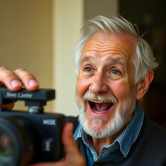 Excited and sympathetic old man looking at camera.