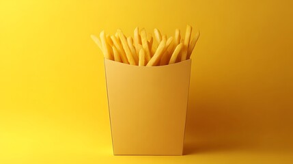 Golden French fries in paper box on yellow background. Fast food concept