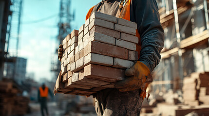 Construction Worker Carrying Bricks at a Building Site