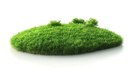 Green grass island isolated on white background with clipping path and water reflection