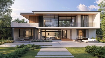 Contemporary architectural design showcases a spacious luxurious modern residence