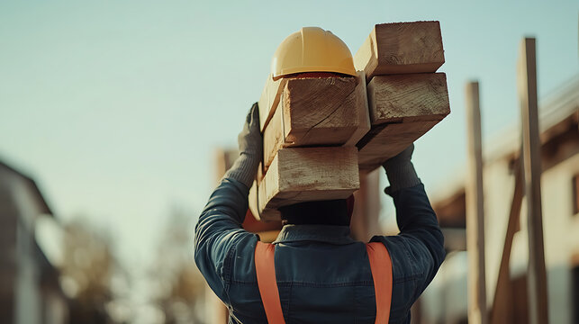 Construction Worker Carrying Wooden Beams