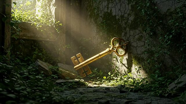 Ornate Golden Key in Mossy Wall Crevice with Glowing Rune Handle, Excellent for Quest Items in Adventure Games or Fantasy Film Prop Reveals.