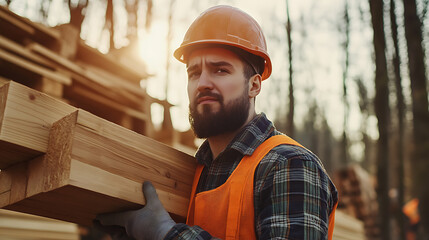 Construction Worker Carrying Wooden Beams in Forest