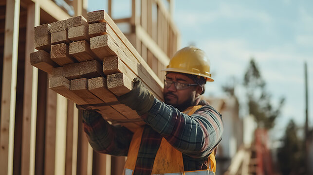 Construction Worker Carrying Wooden Beams