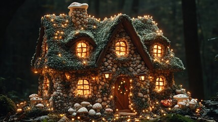 Fototapeta premium A miniature, fairy tale cottage, nestled in a mystical forest, illuminated by warm lights