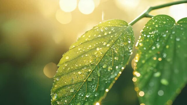 Hyper-detailed macro shot of a vibrant green leaf with golden sunrise light filtering through, tiny water droplets glistening, crisp realism