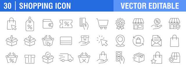 Collection of shopping icons. Promotion, coupon, delivery, shop. Vector design template, signs, symbols, editable stroke.
