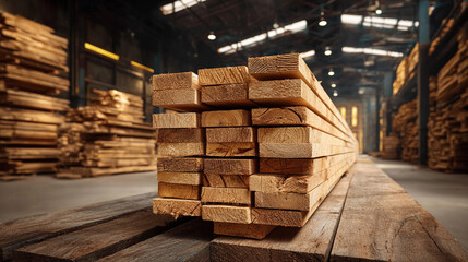 Stacked wooden planks in a spacious lumber warehouse setting