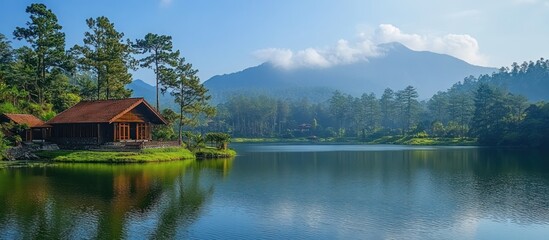 Fototapeta premium Lake House in Forest, Mountain View