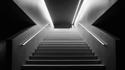 Fototapeta premium Monochrome staircase with linear lighting creating a sense of upward movement