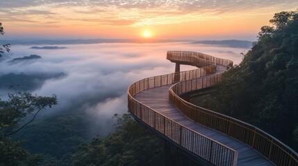 Obraz premium Wooden Walkway on a Mountain at Sunrise