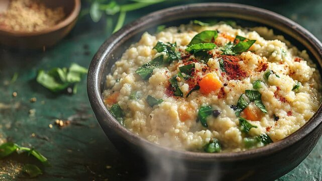 Upma savory porridge with smoke around