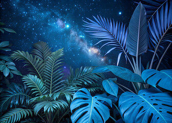 Fototapeta premium palm tree branches leaves close up night view 