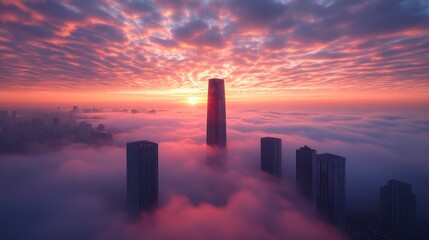City Skyline at Sunset Emerging From Fog