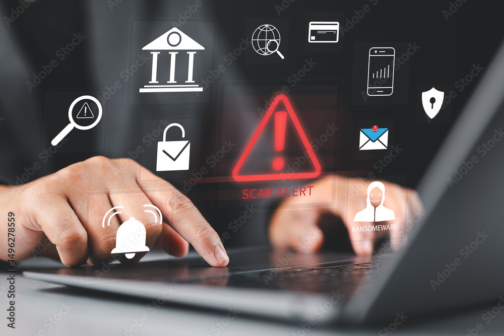 Poster scam alert warning. cybersecurity concept. man using laptop, warning sign for scams with icons repre