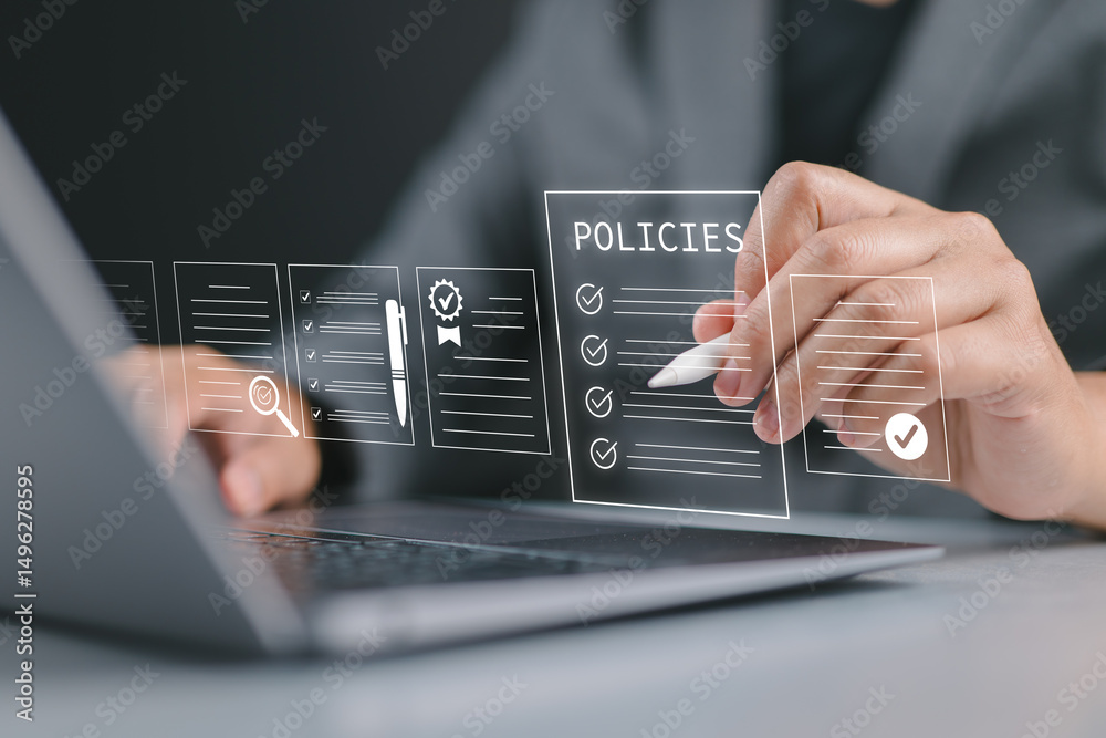 Poster policy documentation and compliance concept. businessman reviews digital document policies with icon