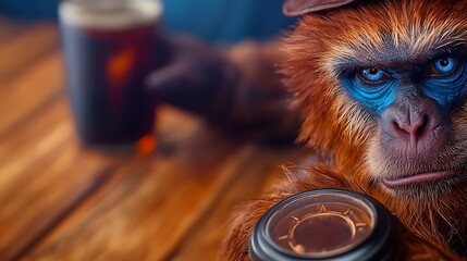 A whimsical monkey holding a coffee cup while sitting at a rustic bar with a beer in the background