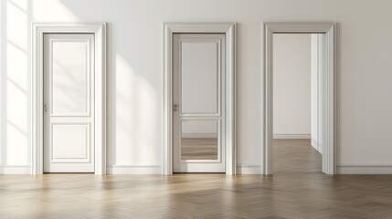 Interior of modern bright room with white walls, wooden floor and white doors.