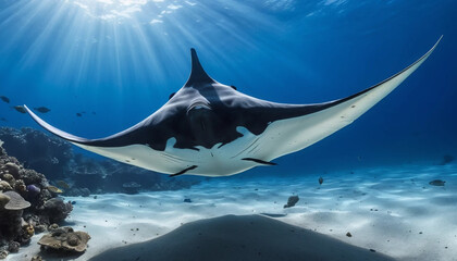 Manta Ray Gliding Gracefully Through Blue Depths