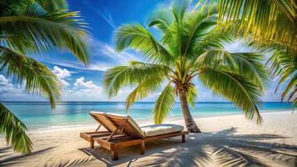 Fototapeta premium sun lounger with cosy cushions under shade of palm trees on sandy beach with blue ocean in background, beach scene, palm tree