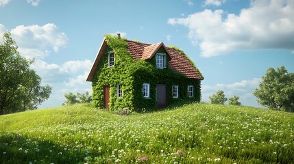 Obraz premium Little house with white daisies in the meadow.