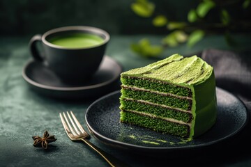 Fatia de bolo de matcha com chá matcha