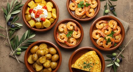 Assorted Mediterranean Dishes with Shrimp, Potatoes, and Omelette Served in Rustic Bowls on Earthy Table Setting