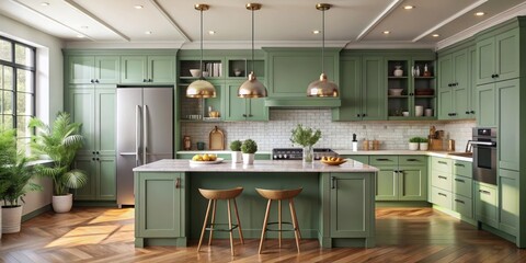 Modern green kitchen interior featuring sage green cabinets with a large island and stainless steel appliances, food preparation area, contemporary decor