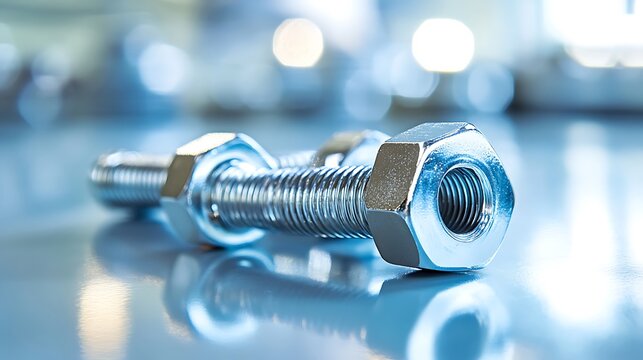 Metal nut and bolt on blue background. Close-up.