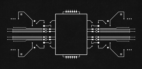 Cybernetic black and white background. Futuristic frame with abstract electronic elements. Abstract design in cyberpunk style, interface for design on the theme of the future and electronics.