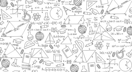 Illustration with school and science themes. Mathematical formulas, geometric figures, laboratory flasks, globes, educational accessories are drawn. Suitable for design, background for presentations