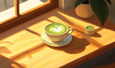 Matcha Latte em Janela Ensolarada