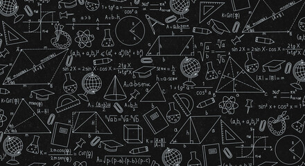 Illustration with school and science themes. Mathematical formulas, geometric figures, laboratory flasks, globes, educational accessories are drawn. Suitable for design, background for presentations