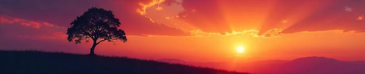 Fototapeta premium A lone tree silhouetted against a vibrant sunset, evoking a sense of peace and inner reflection; a visual representation of spiritual exploration and imaginative potential , stars, soul, artistic