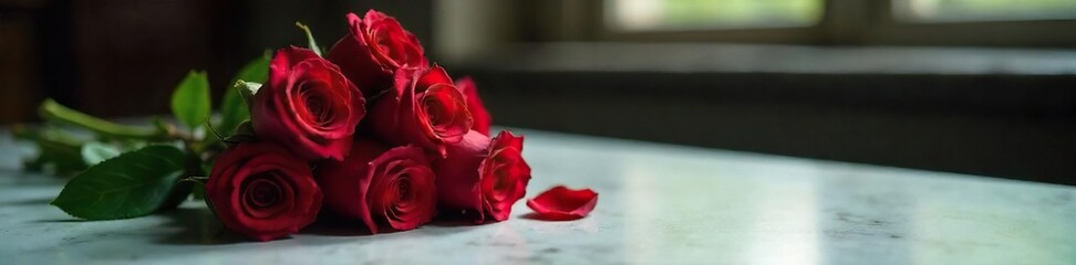 Fototapeta premium A meticulously crafted bouquet of wilting roses sits abandoned on a marble table, hinting at a love gone sour, a betrayal revealed, a lie whispered in the dark , disappointment, despair, stem