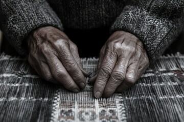 Fototapeta premium Close-up of elderly hands meticulously working on a textured fabric, showcasing age and craftsmanship.