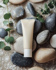 Bisnaga de creme cosmético com pedras e eucalipto