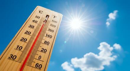 Outdoor thermometer displaying a high temperature on a sunny day.
