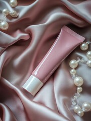 Embalagem Rosa de Creme em Tecido de Seda com Pérolas