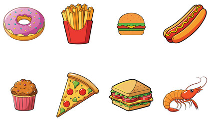 Cartoon Illustration of Assorted Fast Food and Seafood