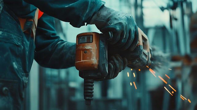 Worker Using Angle Grinder in Industrial Setting - Powered by Adobe