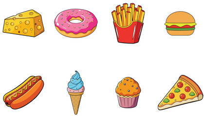 Cartoon Illustrations of Various Fast Food and Sweets
