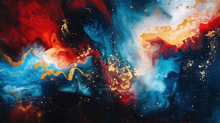 Abstract fluid art, vibrant colors and golden flakes swirl together in a mesmerizing display.  